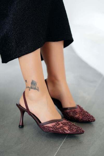 Parponi Buma Tulle Lace Detailed Heeled Evening Dress Shoes Burgundy