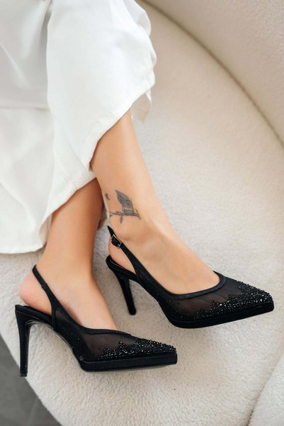 Parponi Mara Women's Mesh Satin Platform Heeled Evening Dress Shoes Black