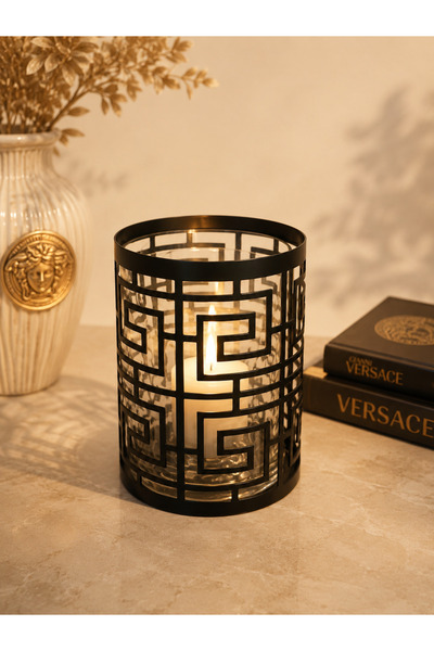 Atak Hediyelik Dekoratif Versace formunda Kristal metal silindir mumluk siyah...