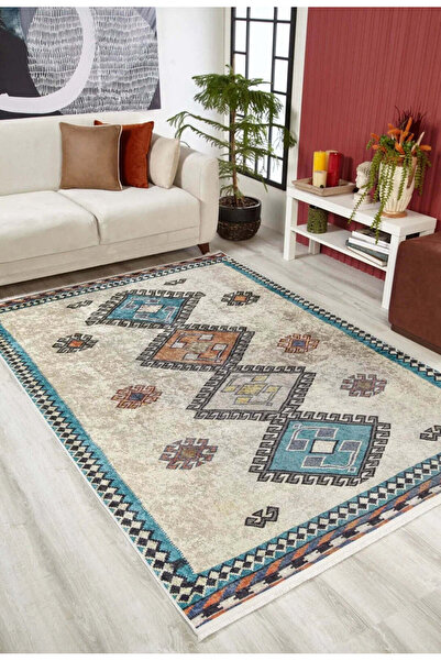 halinet Halı.Net Beige Ethnic Bohemian Washable Non-Slip Living Room Carpet H...