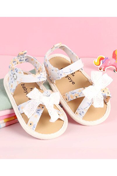 Babyoye Velcro Closure Booties with Floral Print & Bow Applique - White