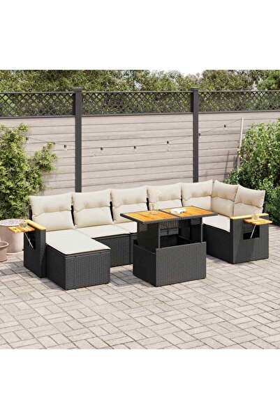 vidaxl Set mobilier gradina perne 8 piese negru, poliratan/lemn acacia