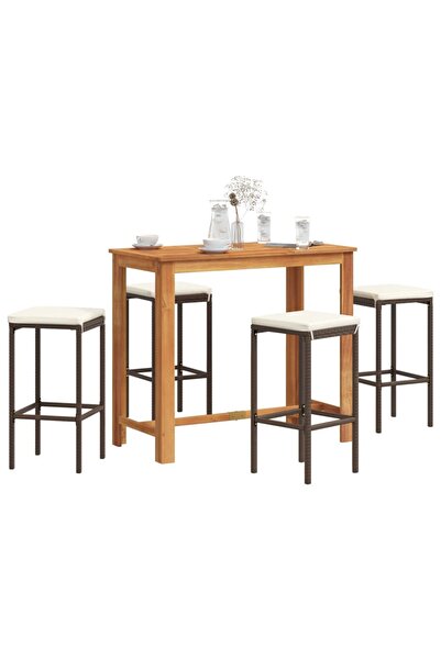 vidaxl Set bar de gradina, 5 piese, maro, lemn masiv acacia/ poliratan