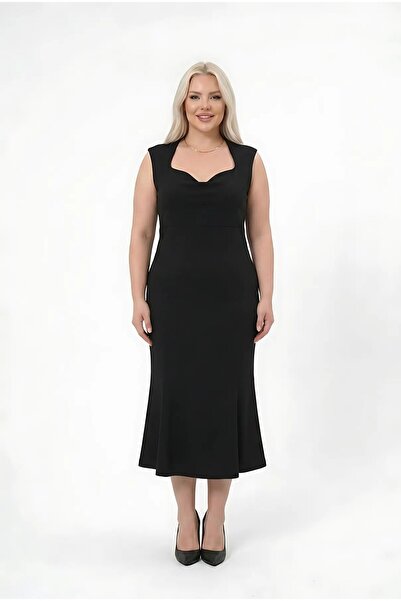 hazelin Women's Black Plus Size Heart Collar Midi Length Dress Hzl26S-Zss150931