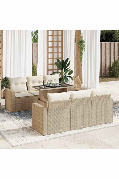 vidaxl Set canapele de gradina, 7 piese, cu perne, bej, poliratan