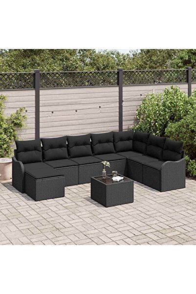vidaxl Set de canapele pentru gradina cu perna 9 pcs Negru Rattan poli