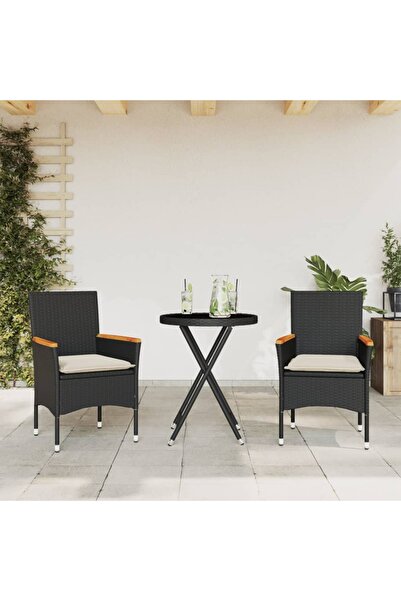 vidaxl Set bistro cu perne, 3 piese, negru, poliratan È™i sticla