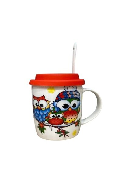 OEM Cană ceramică Bufniță cu capac de silicon și linguriță, 370 ml, Multicoloră