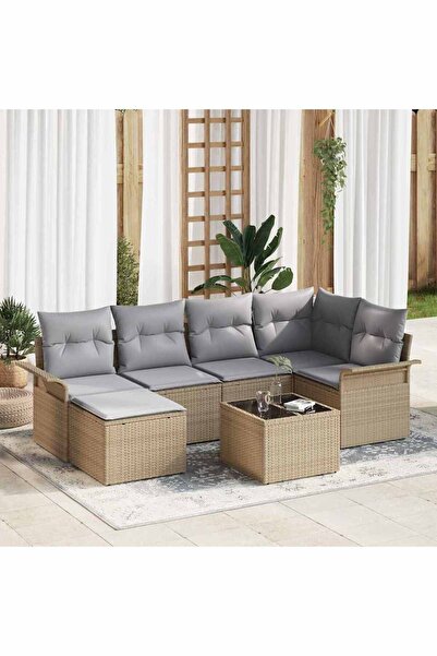 vidaxl Set de canapele pentru gradina cu perna 7 pcs Bej Rattan poli