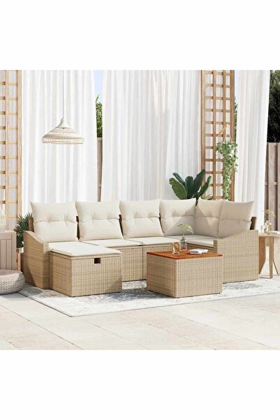 vidaxl Set de canapele pentru gradina cu perna 7 pcs Bej Rattan poli