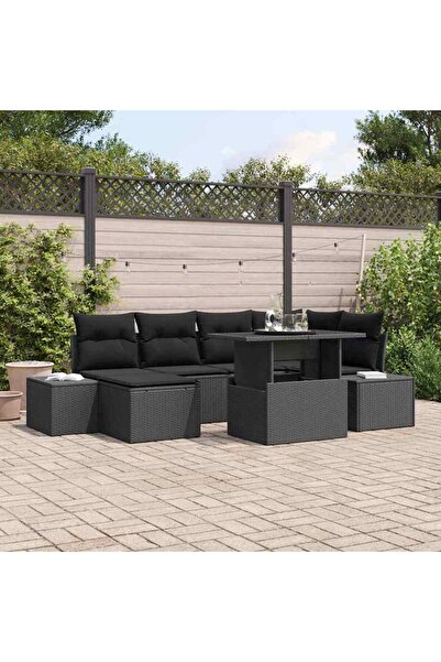 vidaxl Set de canapele pentru gradina cu perna 7 pcs Negru poliratan