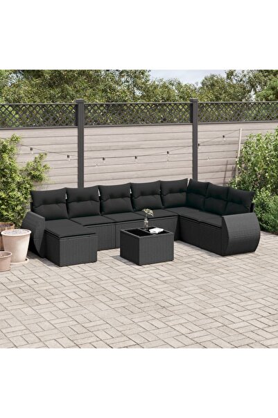 vidaxl Set mobilier de gradina cu perne, 9 piese, negru, poliratan