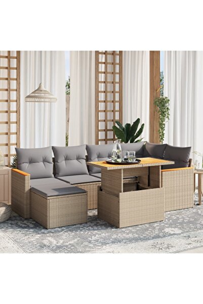 vidaxl Set canapele de gradina, 7 piese, cu perne, bej, poliratan