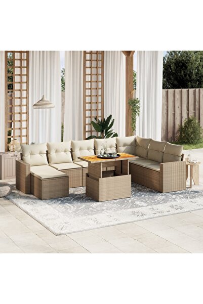 vidaxl Set canapele de gradina, 9 piese, cu perne, bej, poliratan