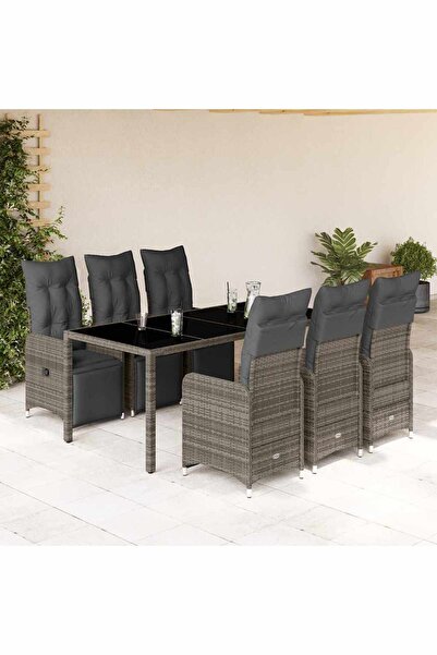 vidaxl Set bistro de gradina cu perne, 7 piese, gri, poliratan