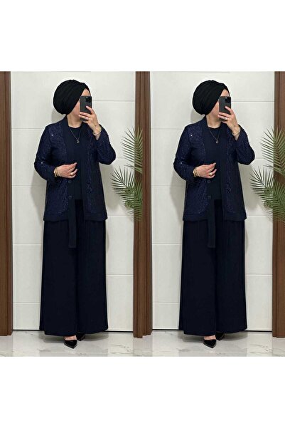 masalabiyem 7213 K200 Dark Blue Sequined Zara Suit