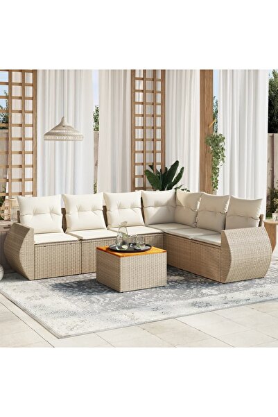 vidaxl Set canapele de gradina, 7 piese, cu perne, bej, poliratan