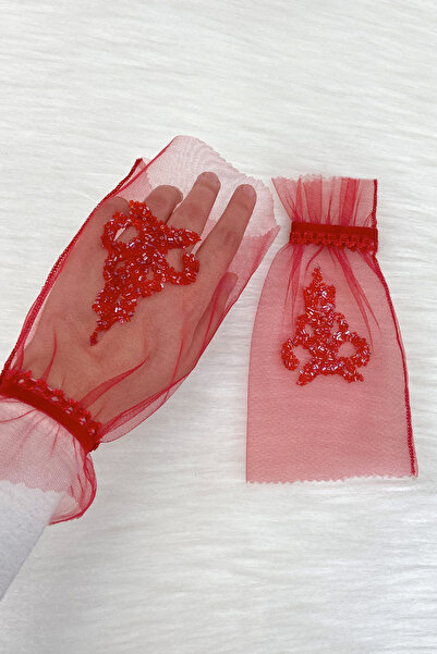 ZEYMERADE Red Luxury Crystal Glass Bead Bridal Gloves, Henna Night Wedding Ba...