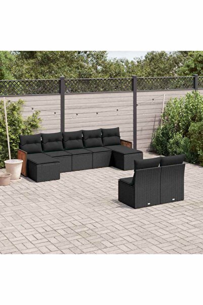 vidaxl Set mobilier de gradina cu perne, 9 piese, negru, poliratan