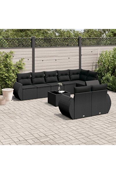 vidaxl Set mobilier de gradina cu perne, 9 piese, negru, poliratan