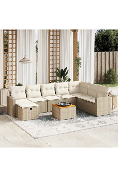 vidaxl Set canapele de gradina, 9 piese, cu perne, bej, poliratan