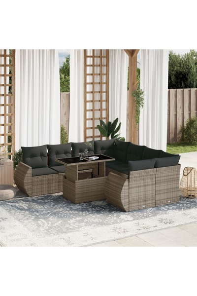 vidaxl Set canapele de gradina, 9 piese, cu perne, gri, poliratan