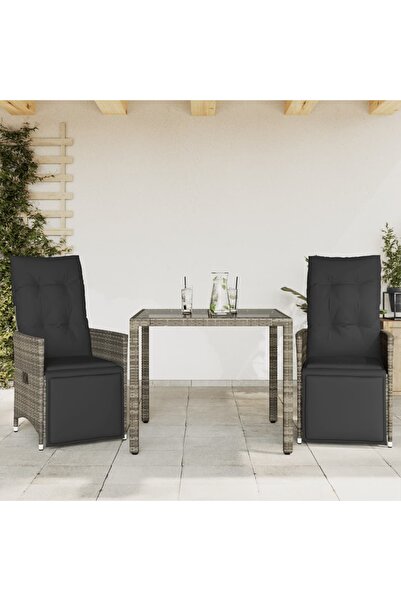 vidaxl Set bistro de gradina cu perne, 3 piese, gri, poliratan