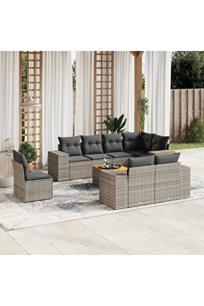vidaxl Set canapele de gradina, 9 piese, cu perne, gri, poliratan