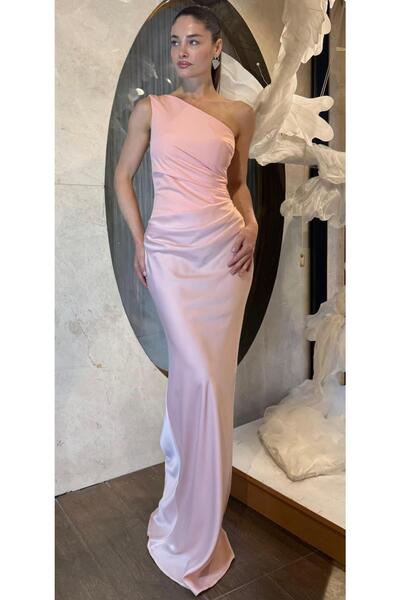 Powder Top Pancake Bottom Satin One Shoulder Evening Dress