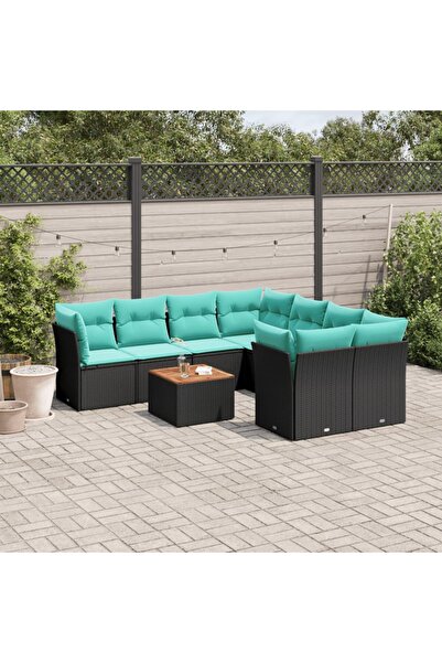 vidaxl Set mobilier de gradina cu perne, 9 piese, negru, poliratan