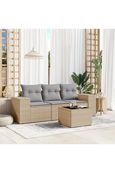 vidaxl Set canapele de gradina, 4 piese, cu perne, bej, poliratan