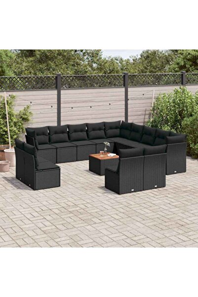 vidaxl Set mobilier de gradina cu perne, 14 piese, negru, poliratan