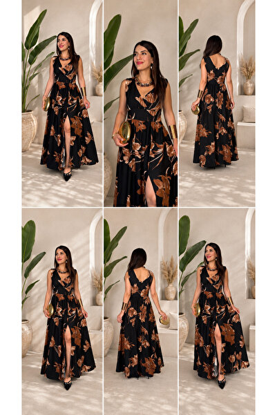 Kokosh moda Kadın Yeni Sezon Çiçek Desenli Yırtmaçlı Maxi Elbise