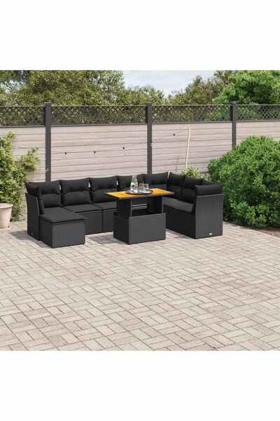 vidaxl Set mobilier de gradina cu perne, 9 piese, negru, poliratan