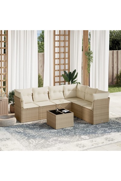 vidaxl Set canapele de gradina, 7 piese, cu perne, bej, poliratan