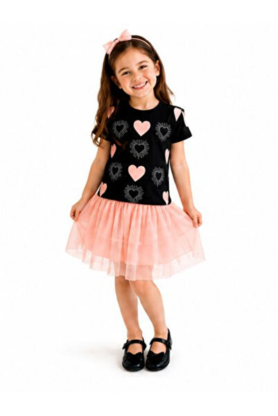 trikomode Girl's Black Salmon 2-Piece Heart Tulle Lined Skirt Top and Bottom Set