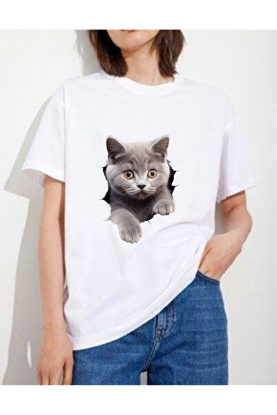 Krays 3D Cat Printed British Shorthair Design Cotton White T-Shirt Cute Anima...