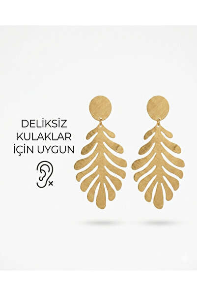 1PARÇAMAVİ Non-Perforated Clip-On Women's Earrings - Gold Leaf Model