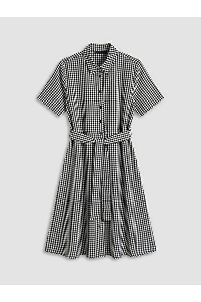 LC Waikiki Black Plaid Belted Shirt Dress