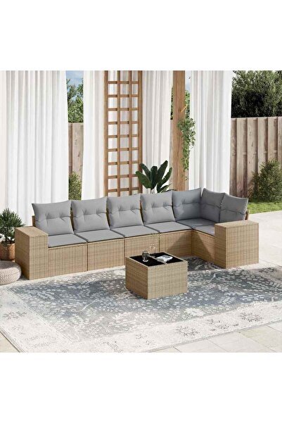 vidaxl Garden sofa set, 7 pieces, with cushions, beige, polyrattan