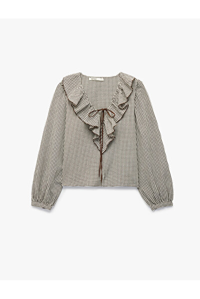 Koton Cotton Long Sleeve Tie-Dye Detailed Gingham Ruffled Baby Collar Blouse