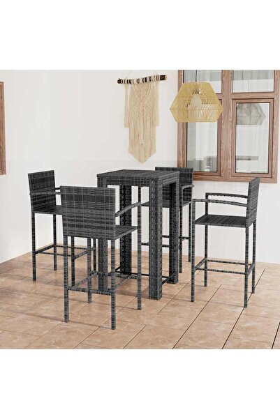 vidaxl Set bar exterior cu cotiera, 5 piese, gri, poliratan