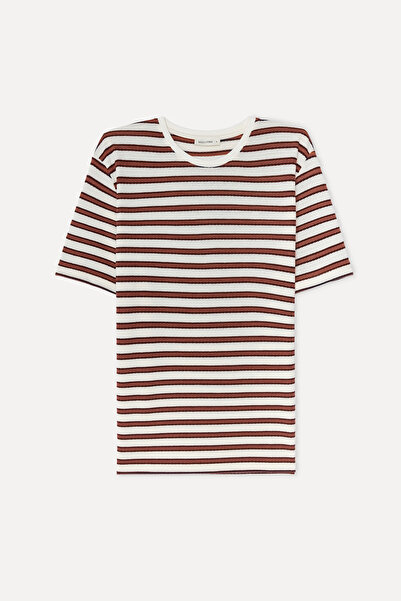 Mudo Men's Off-White Striped Loose Fit Crew Neck T-Shirt