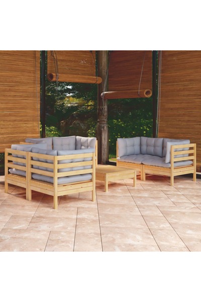 vidaxl Set mobilier gradina cu perne gri, 7 piese, lemn masiv de pin