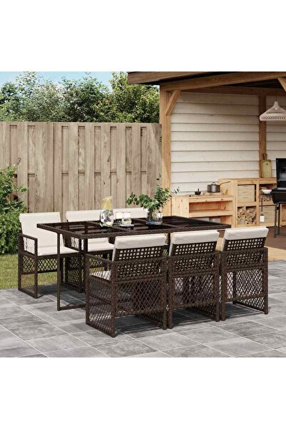 vidaxl Garden furniture set with cushions, 7 pieces, brown, polyrattan