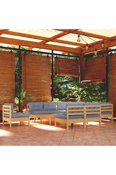 vidaxl Set mobilier de gradina cu perne, 11 piese, gri, lemn masiv pin