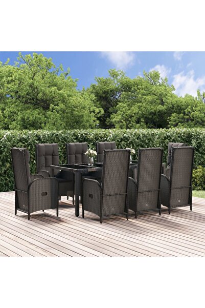vidaxl Garden furniture set with cushions, 9 pieces, black/grey, polyrattan