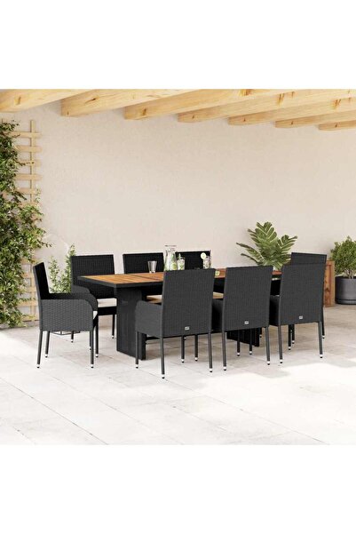 vidaxl Garden furniture set with cushions, 9 pieces, black, polyrattan