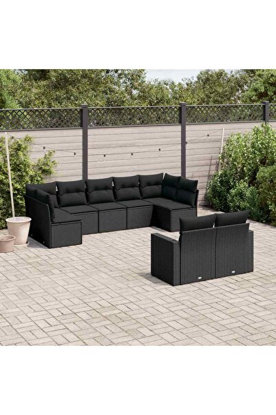 vidaxl Set mobilier de gradina cu perne, 9 piese, negru, poliratan