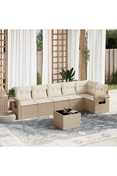 vidaxl Set canapele de gradina, 7 piese, cu perne, bej, poliratan